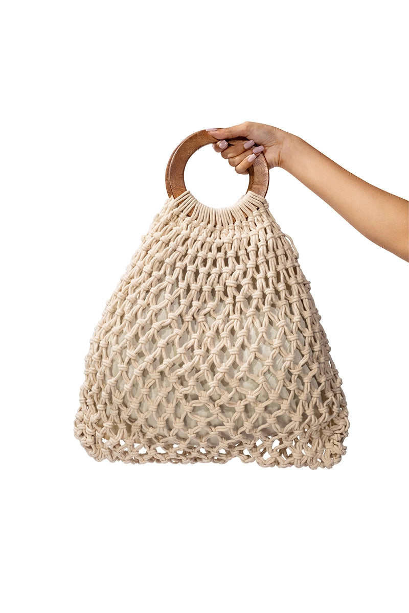 Wooden Handle Off-White Beach Bag
