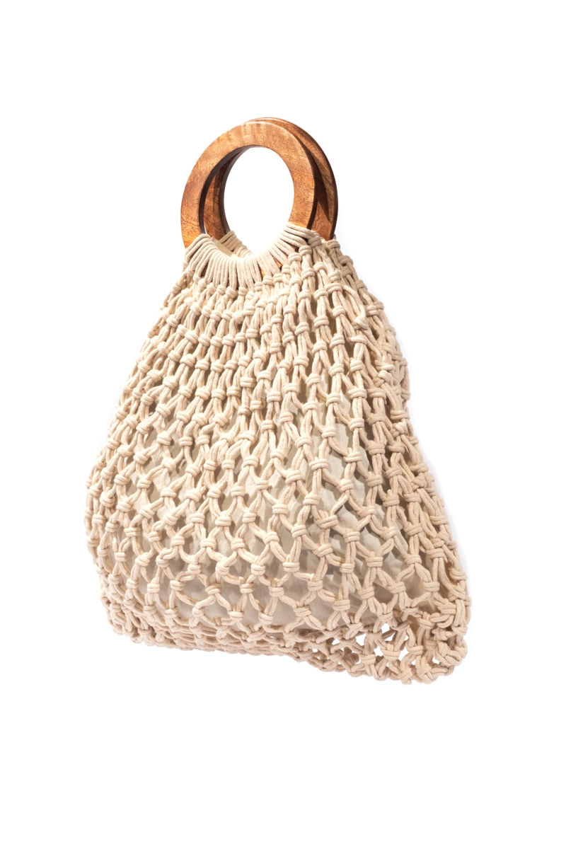 Wooden Handle Off-White Beach Bag