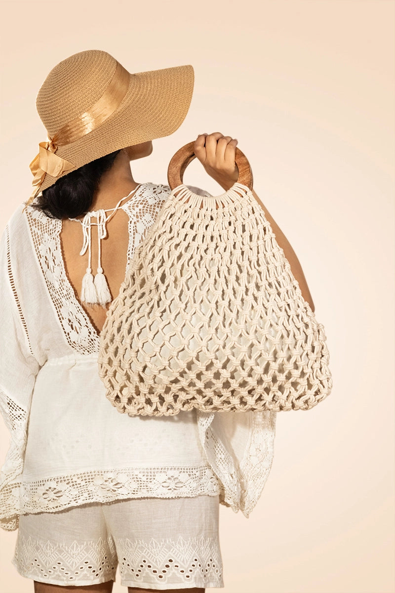Wooden Handle Off-White Beach Bag