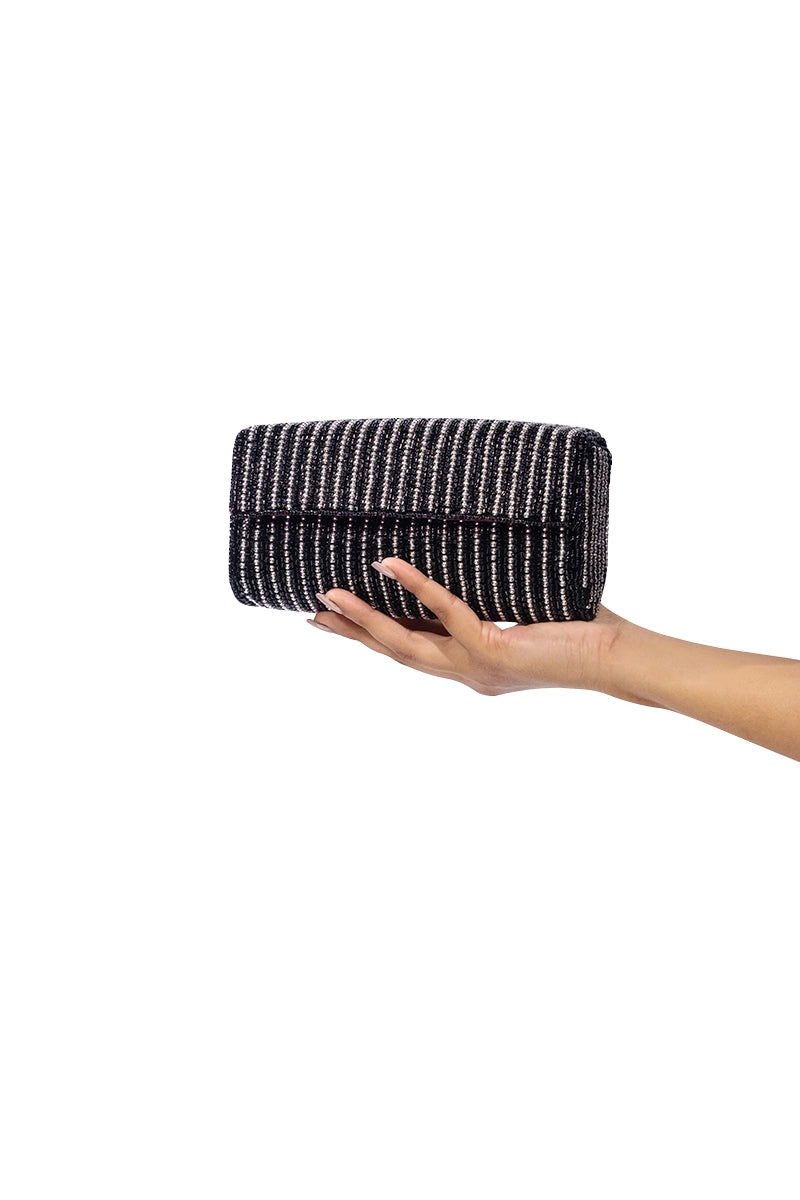 Black and Silver Striped Beaded Crossbody Clutch