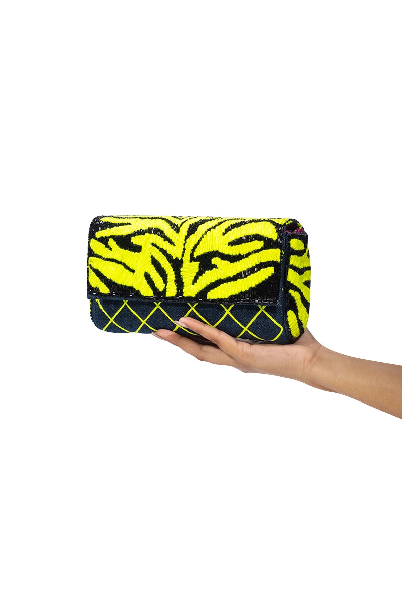 Urban Tiger Neon Green Embroidery Crossbody Clutch