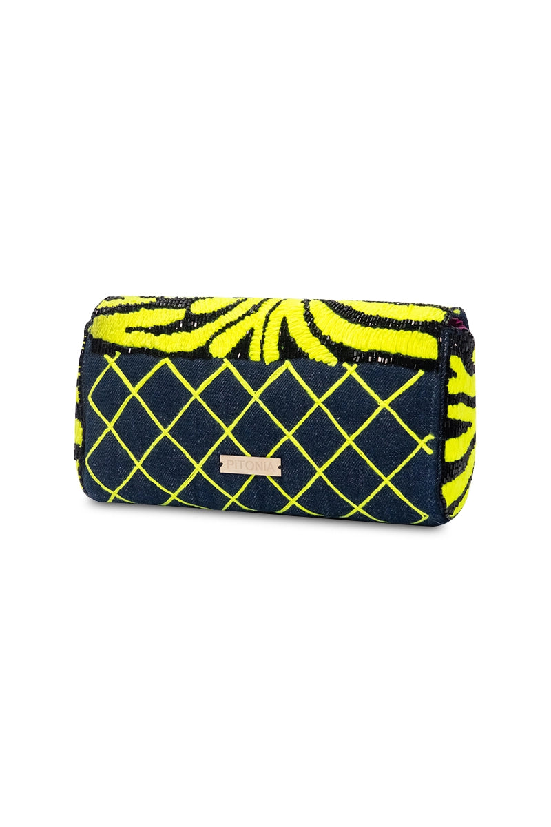 Urban Tiger Neon Green Embroidery Crossbody Clutch