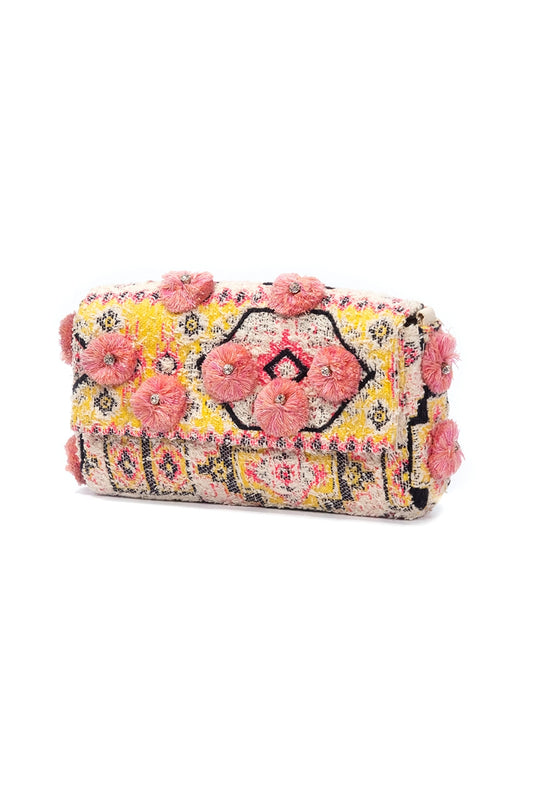 Pink Pom Pom Stone Studded Cross Body Clutch