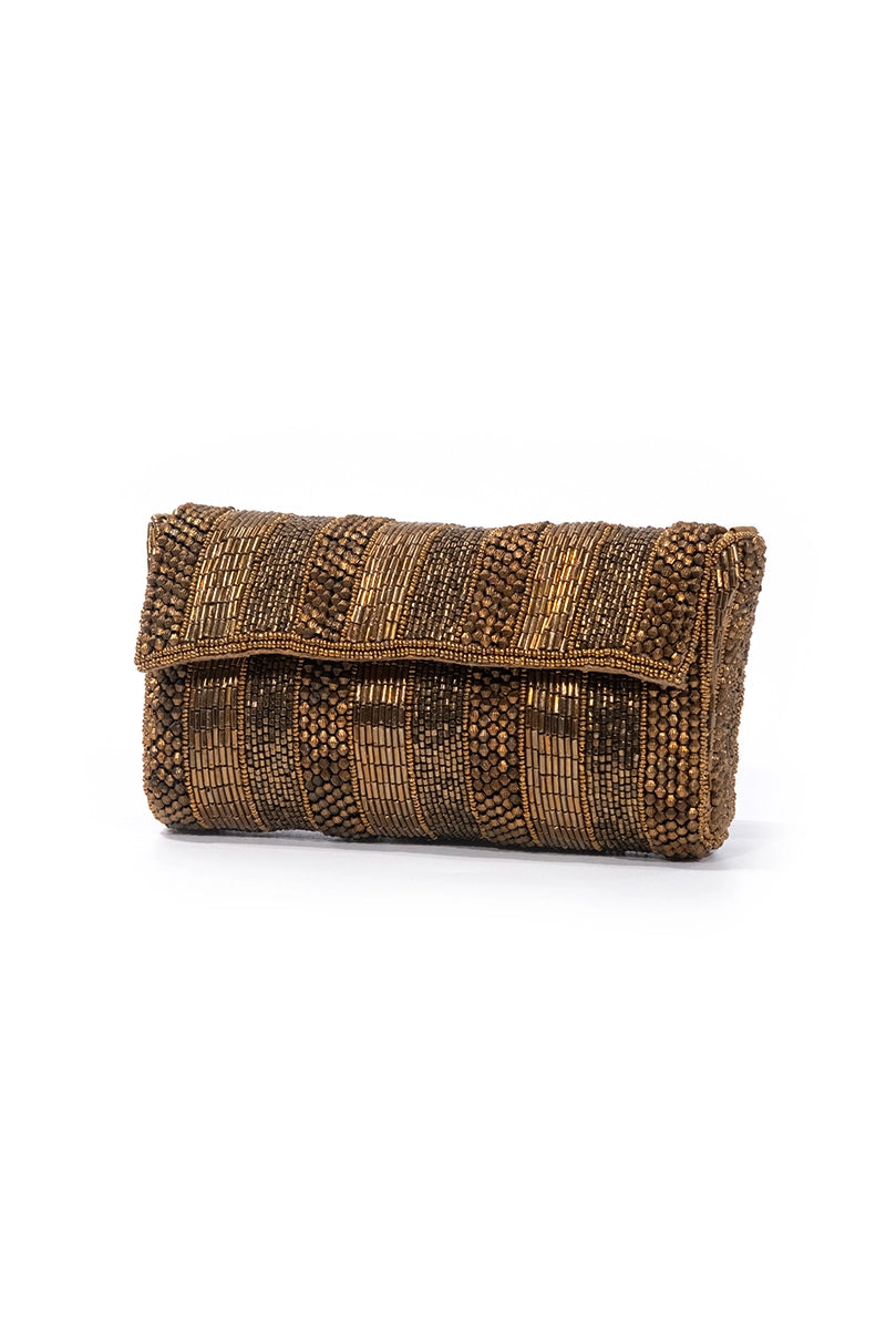 Golden Beaded Striped Crossbody Clutch