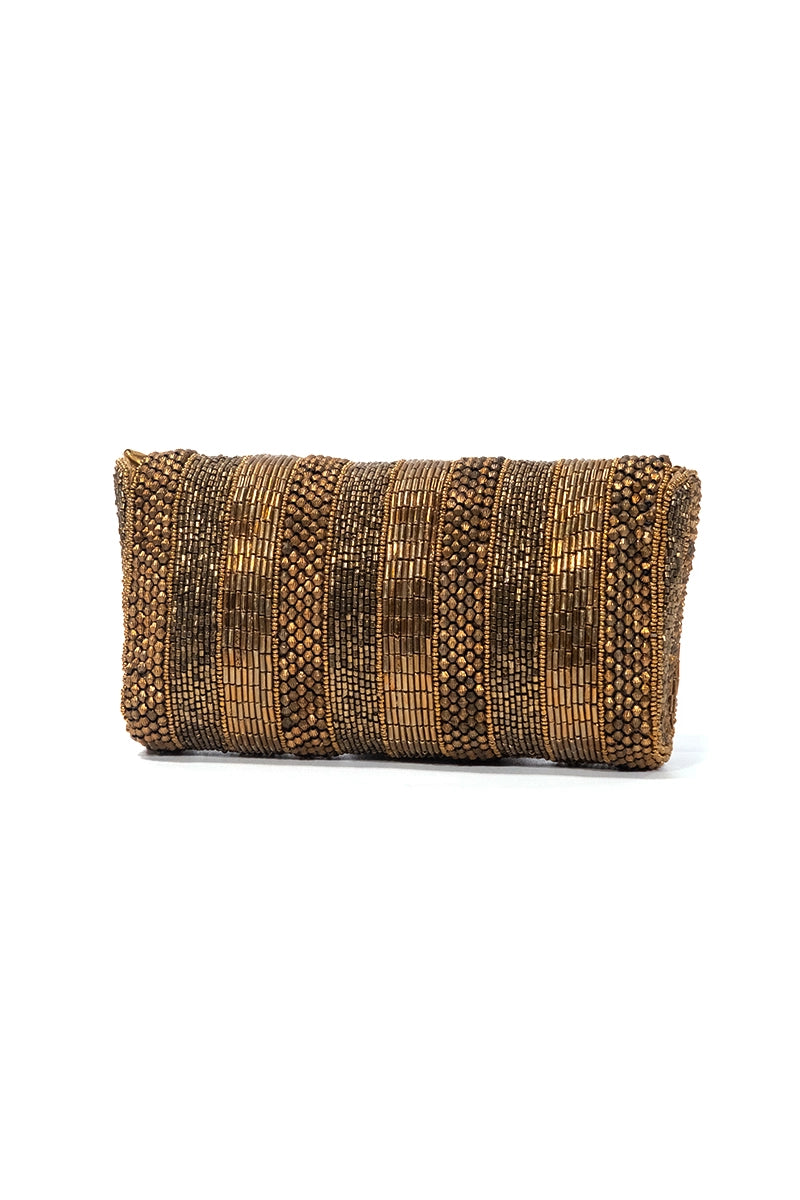 Golden Beaded Striped Crossbody Clutch