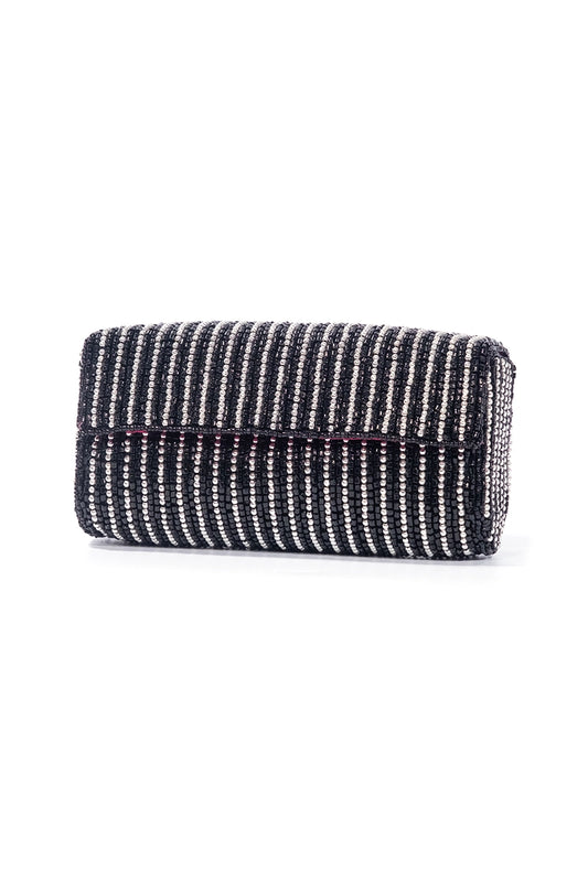 Black and Silver Striped Beaded Crossbody Clutch