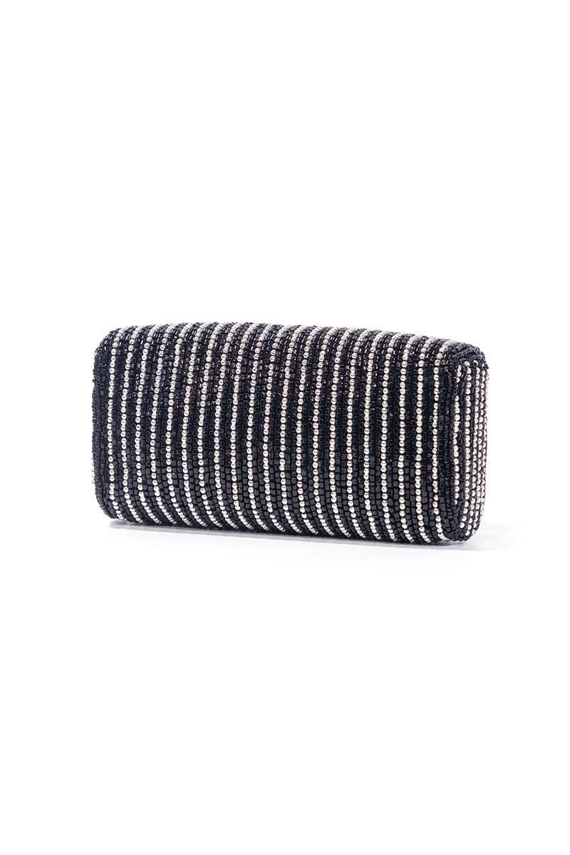 Black and Silver Striped Beaded Crossbody Clutch