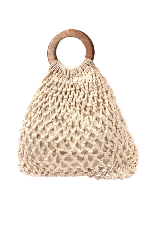 Wooden Handle Off-White Beach Bag