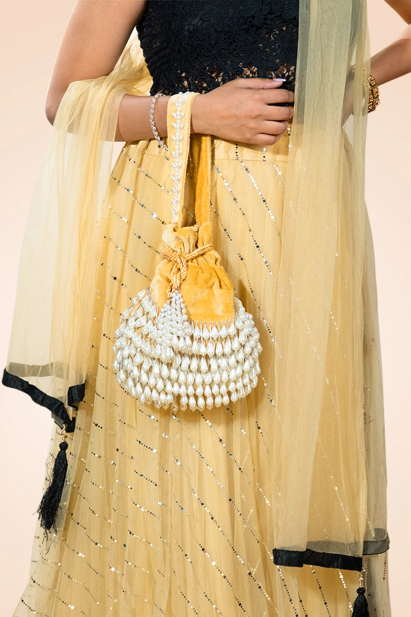 Gold Velvet Embroidered Potli Bag