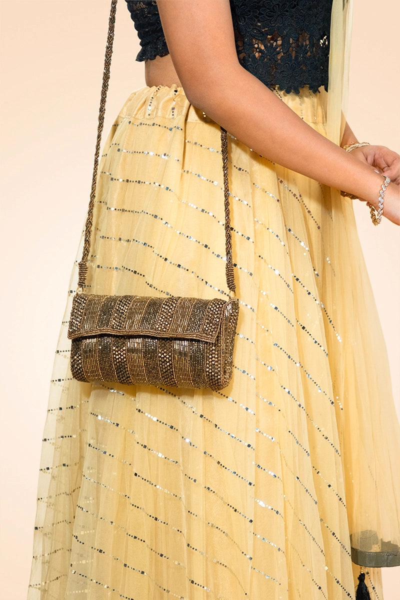 Golden Beaded Striped Crossbody Clutch